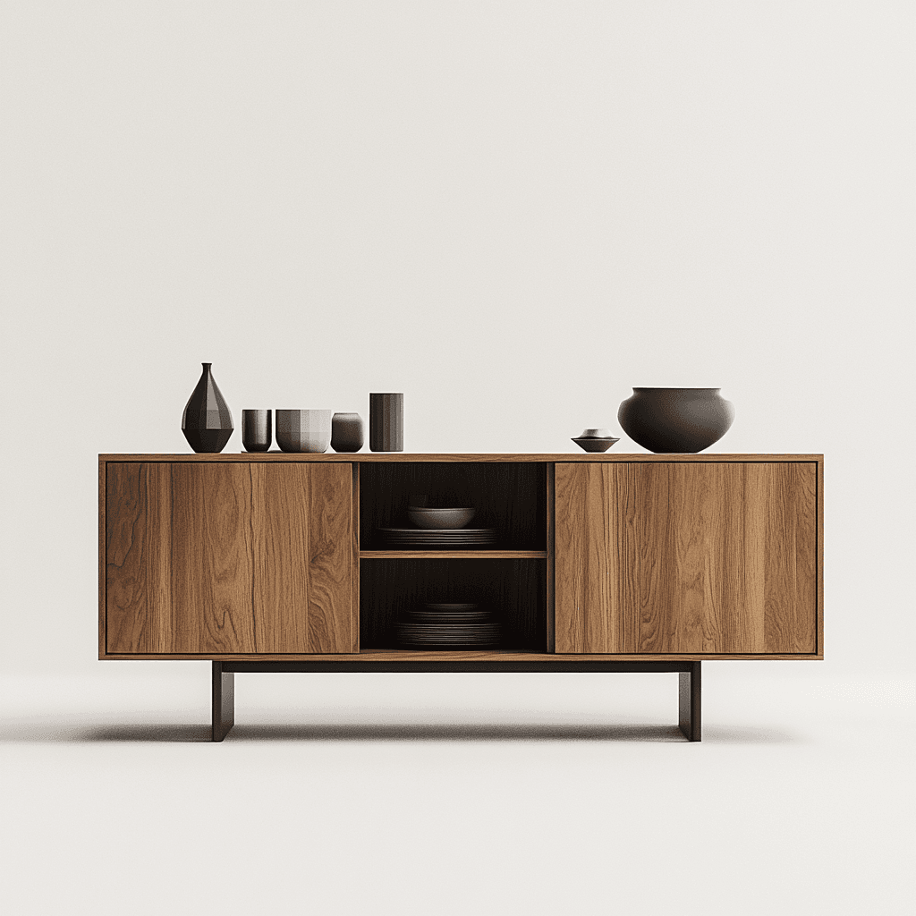 Modernes Sideboard aus dunkelbraunem Holz mit Deko, weißer Hintergrund.