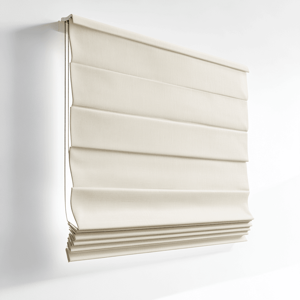 Fenster mit heruntergelassenen Rollladen aus horizontalen Latten, gesteuert durch eine Kordel.