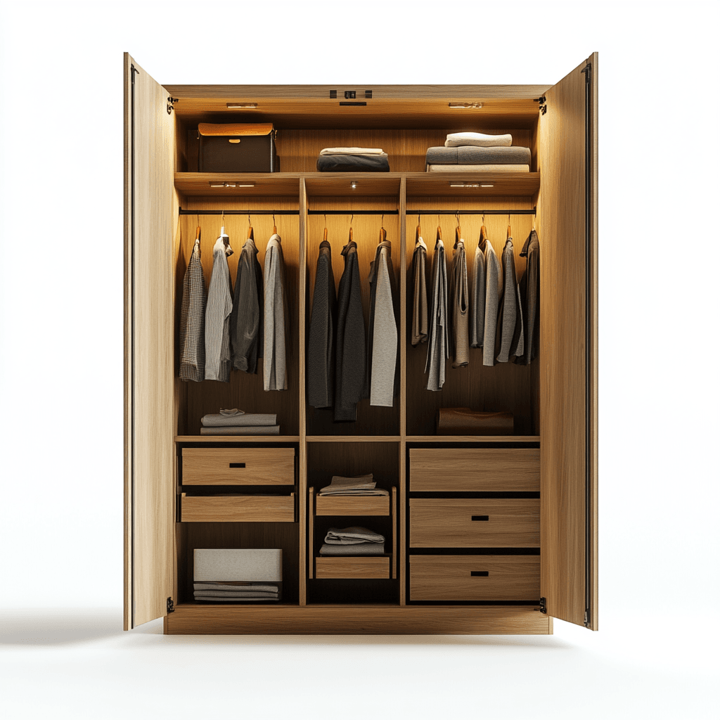 Ein großer Schrank mit mehreren Fächern voller Hemden, Jacken, Hosen, Taschen und anderen Gegenständen.