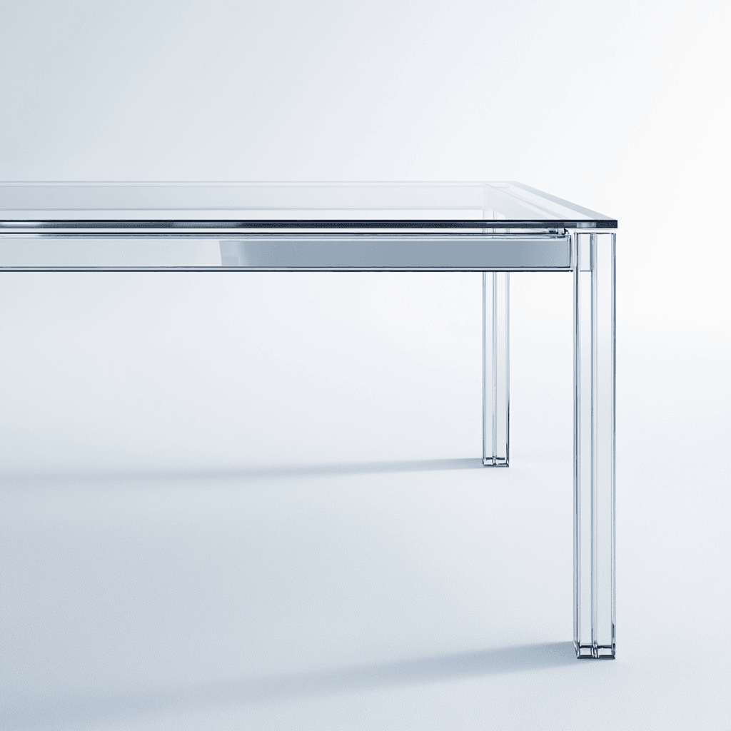 Transparenes Tischgestell mit Glasplatte auf weißem Hintergrund.