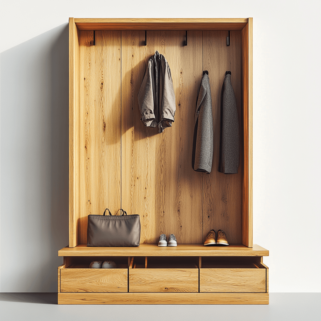 Ein langes Holzschrank an der Wand enthält Kleidung, Taschen, Schubladen und einen mit Lüftungsfunktion versehenen Oberboden.