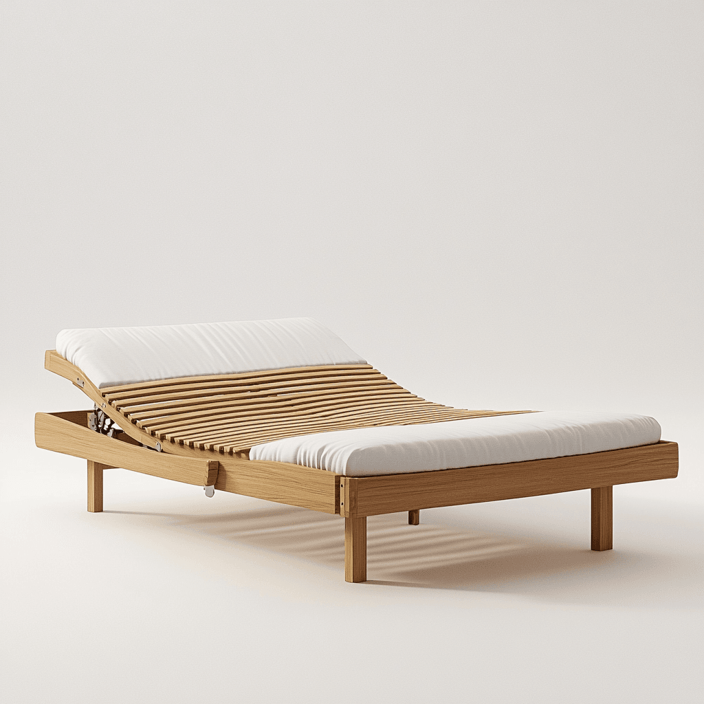 Ein Bett mit weißer Matratze auf einem Holzlager steht auf hellen, braunen Holzebenen.