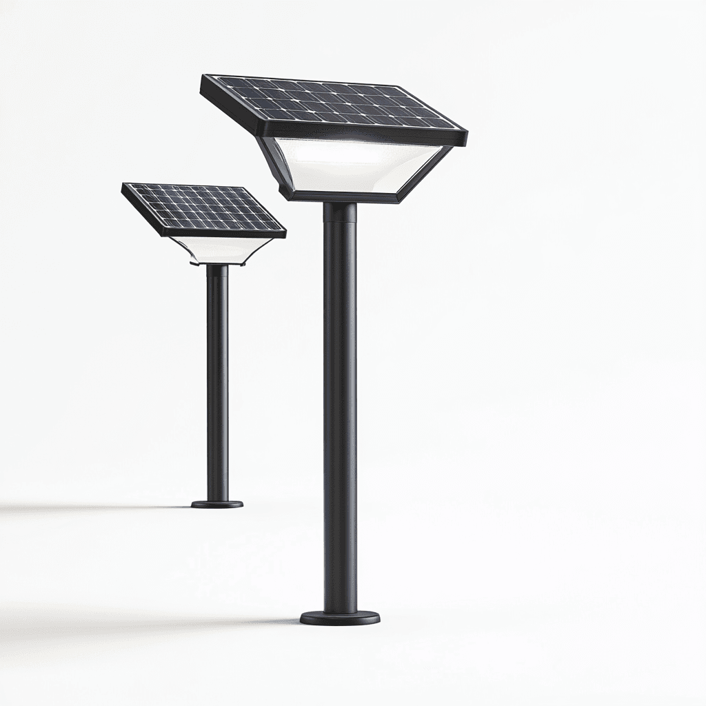 Zwei Solarlampen unterschiedlicher Größe auf weißem Grund mit transparenter Abdeckung.