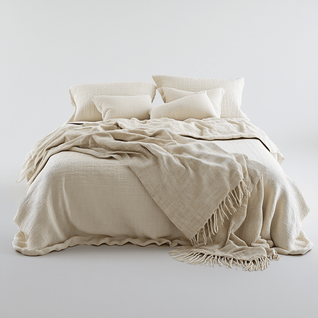 Ein Bett mit weißen Kissen, einer weißen Decke und einer weißen Wolldecke.