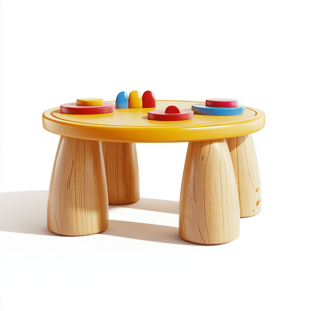 Kinderstuhl aus Holz mit Tisch und vier Beinen.