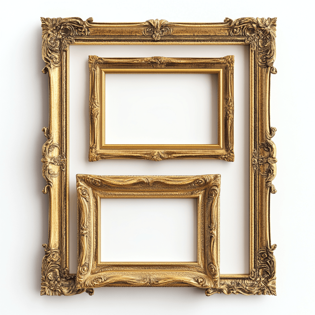 Zwei goldene Rahmen an einer weißen Wand hängen.