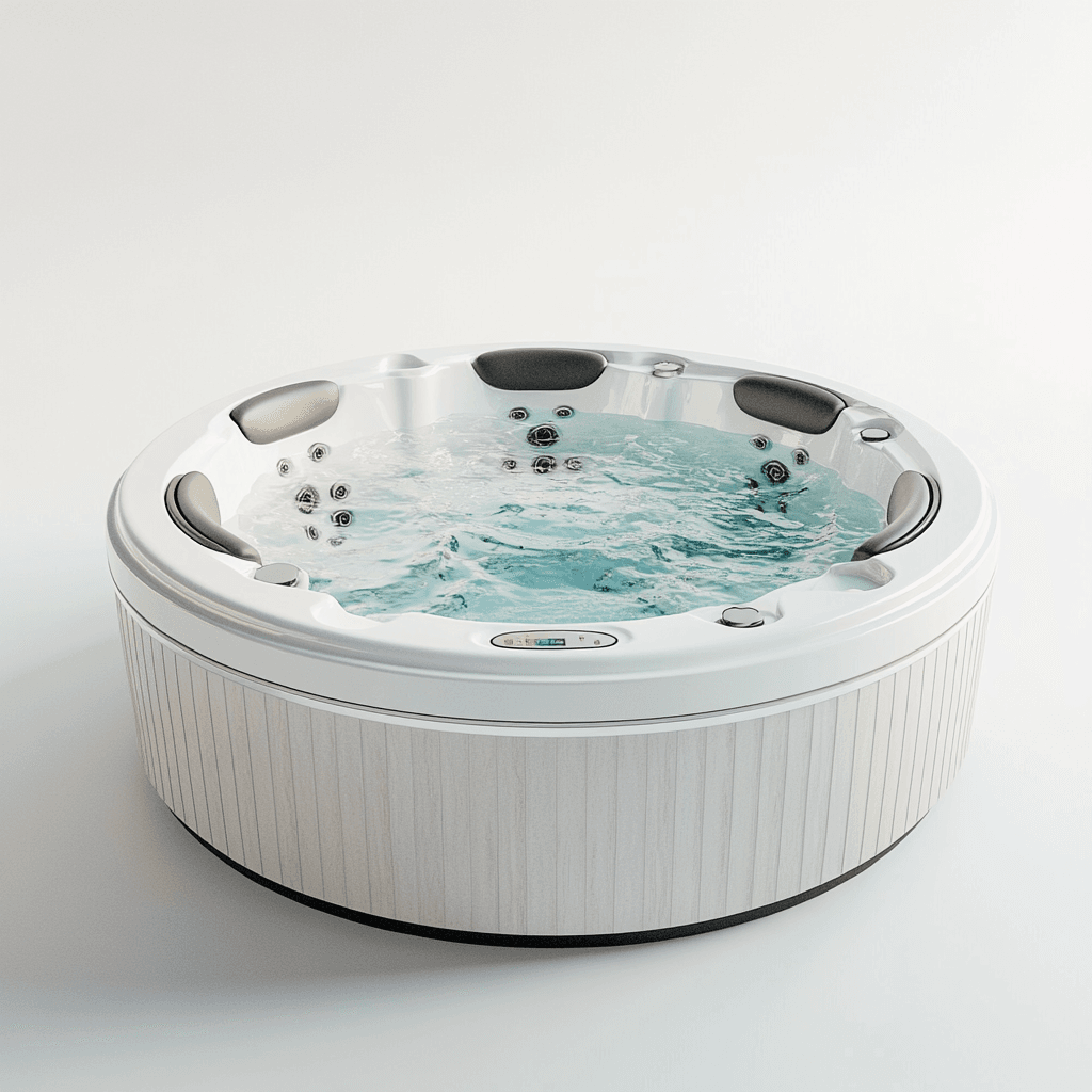 Whirlpoolbad mit weißem und grauem Rahmen, blauem Wasser und Luftblasen. Hinter dem Whirlpool eine weiße Wand.