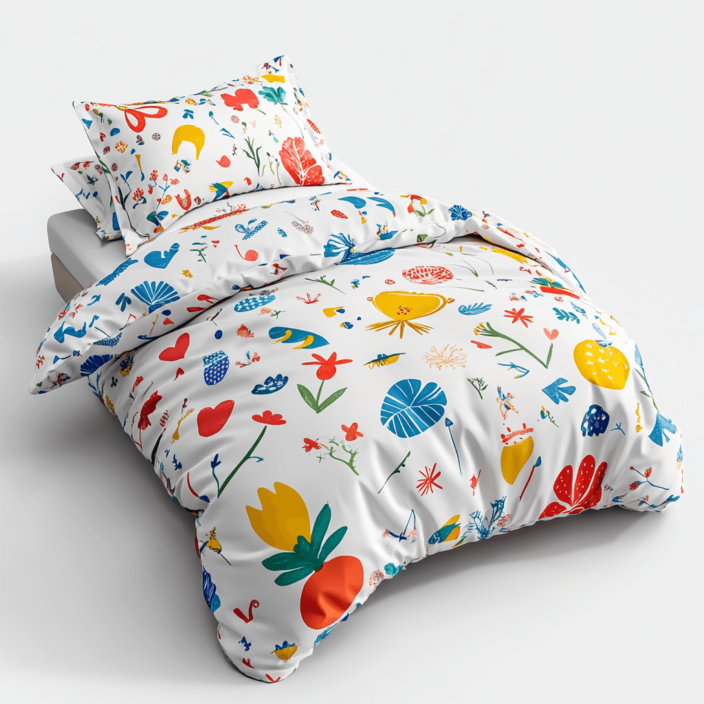 Ein Bett mit Dusche und Kopfkissen unter einer weißen Decke mit blauen und roten Blumen.