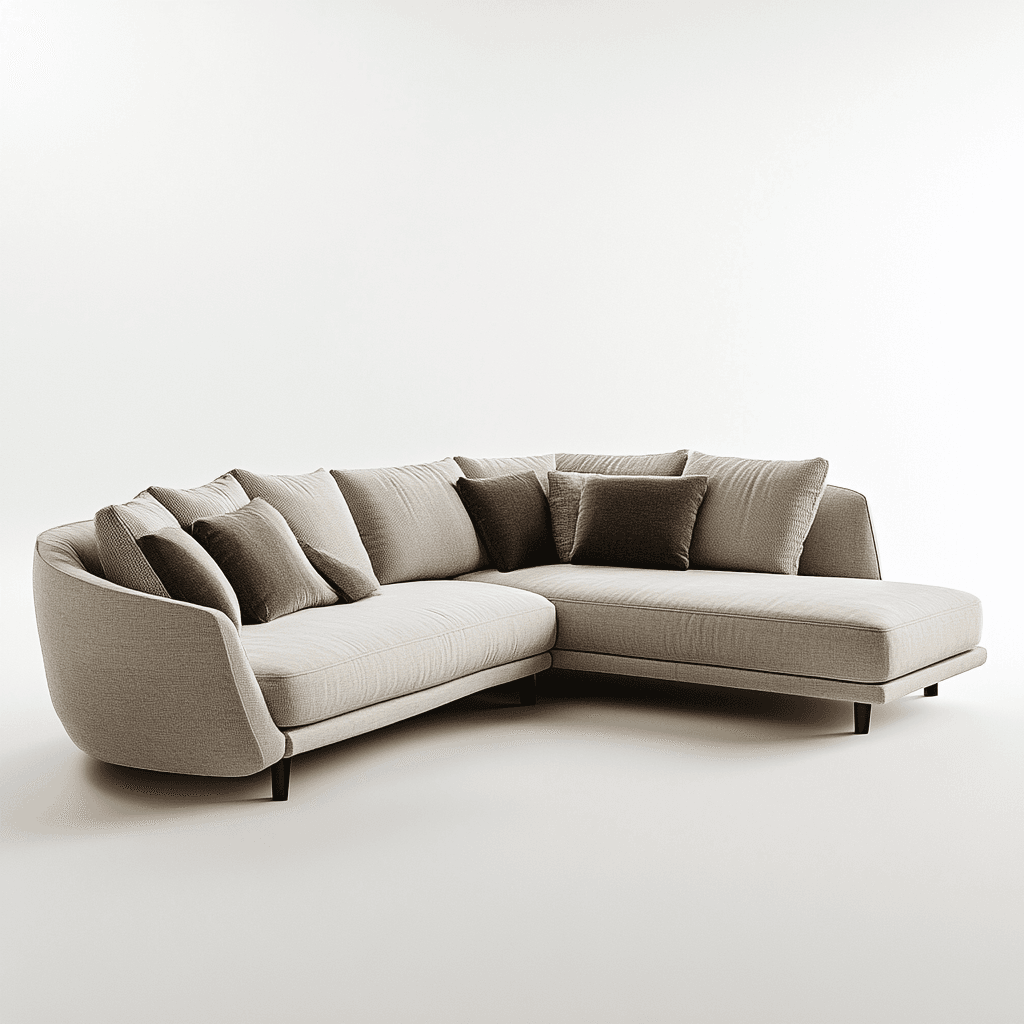 Ein L-förmiges Sofa mit Kissen und Polstern bietet bequeme Sitzplätze.