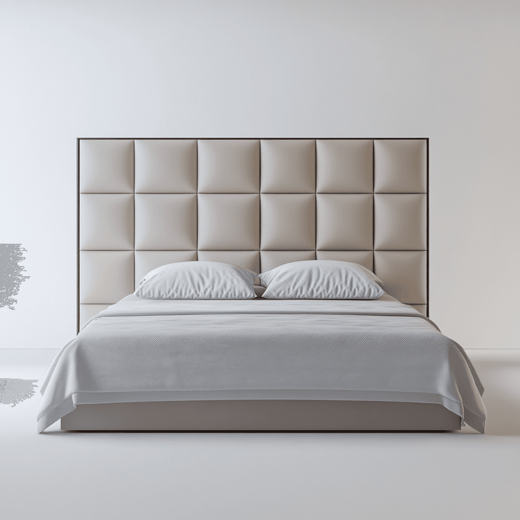Ein weißes Bett mit quadratischem, weißem Leder-Kopfteil und zwei weißen Kissen.