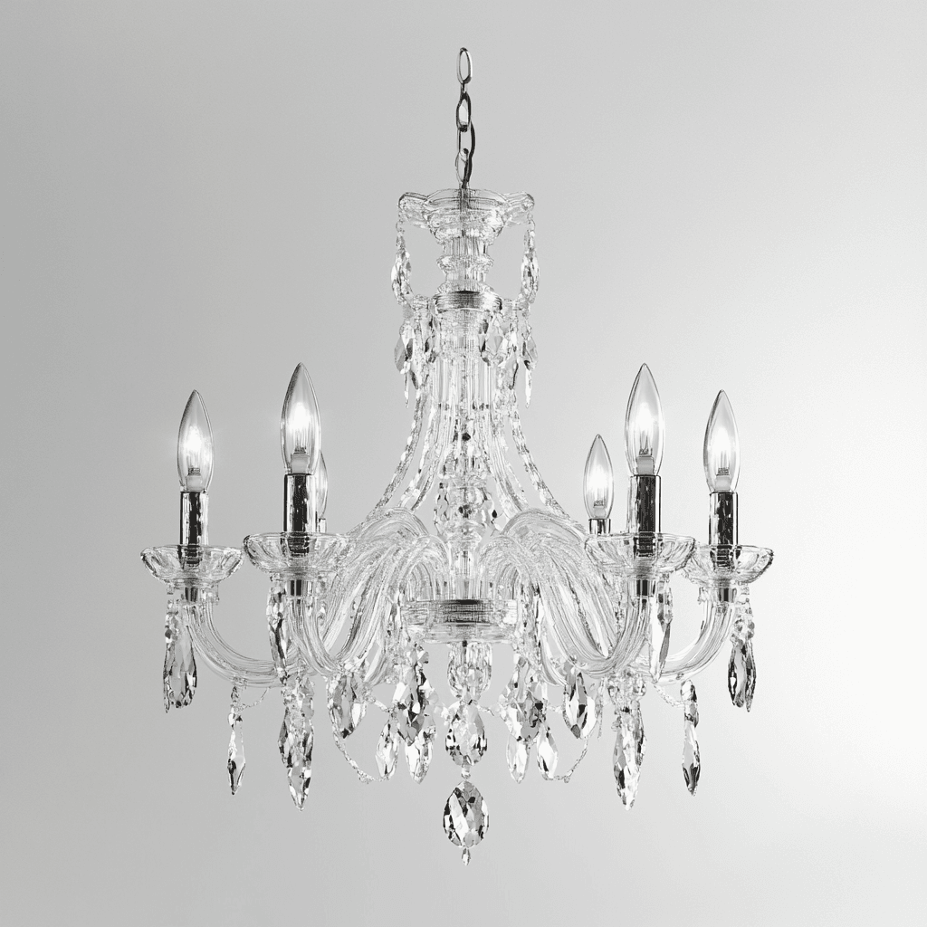 Elegantes Kristall-Kronleuchter mit fünf Kerzenhaltern und zahlreichen Schmuckkristallen für ein luxuriöses Ambiente.