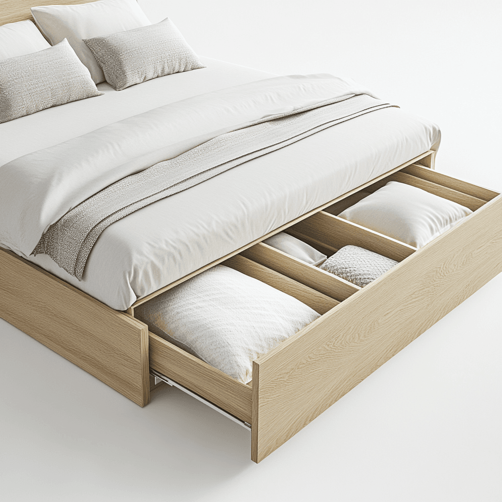 Bett mit aufklappbarem Schubladenfach unter dem Schlafplatz für Bettwäsche.