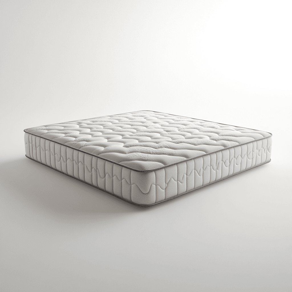 Ein Matratzenbett mit weißem, gepolstertem Bettgestell und Kissenauflage auf einem dunklen Holzboden. Ein weißes Tuch liegt auf dem Bett.