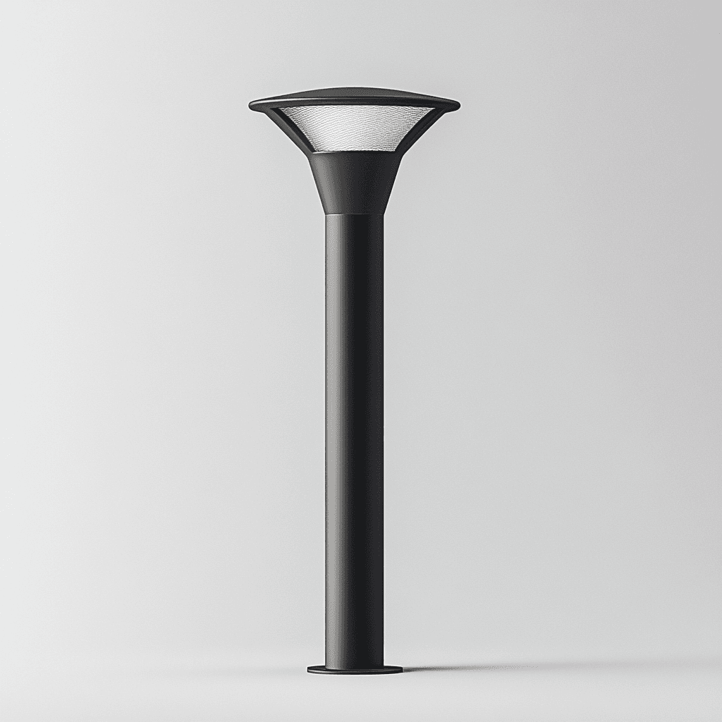 Eine schlanke, schwarze Säule mit breitem oberen Teil und einer Mesh-Abdeckung auf weißem Hintergrund.