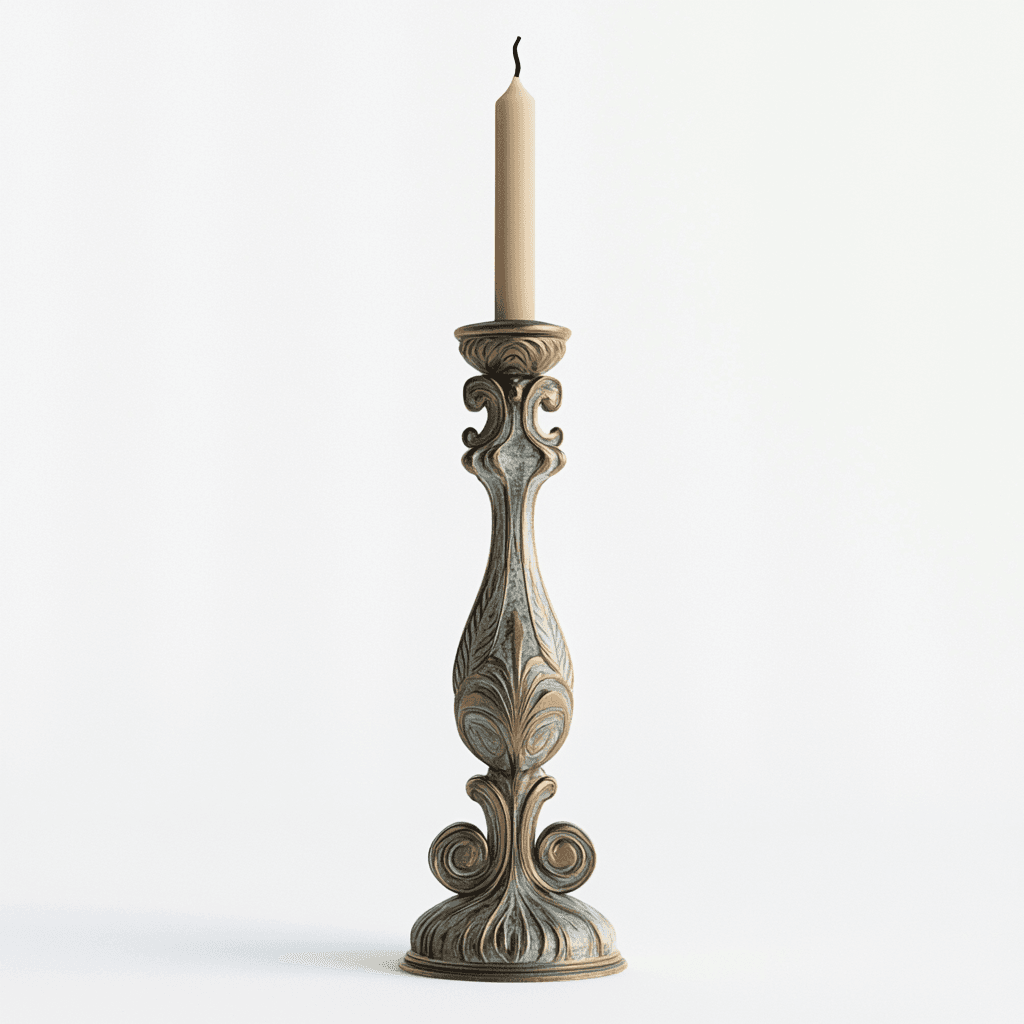 Antik anmutender Kerzenständer mit weißer Kerze auf weißem Hintergrund, verziert mit Ornamenten.