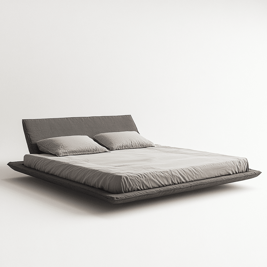 Bett mit großem Kopfteil vor weißem Hintergrund.