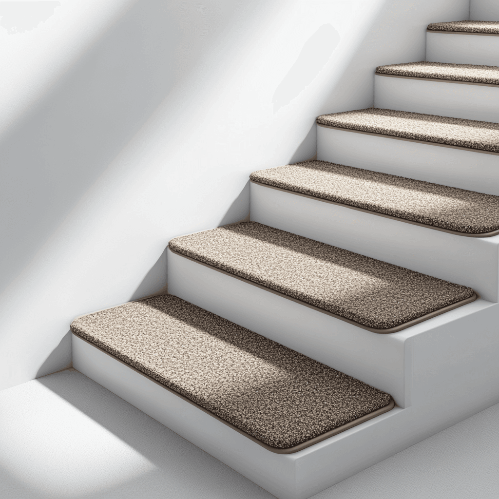 Die weiße Treppe mit grauen Teppichreifen führt in einen weißen Raum.