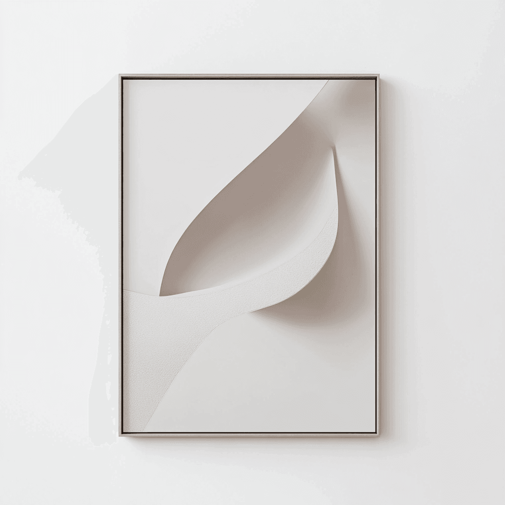 Ein weißes, abgeflachtes Objekt auf weißem Hintergrund, gerahmt und an der Wand hängend.