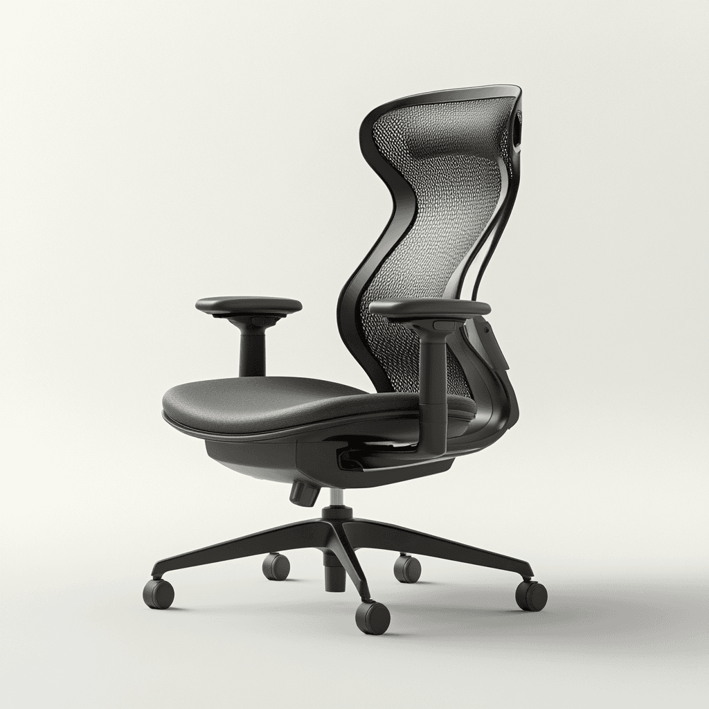 Schwarzer Bürostuhl mit ergonomischem Rückenlehensystem und schwarzem Lederschutzbezug, auf vier Rollen.