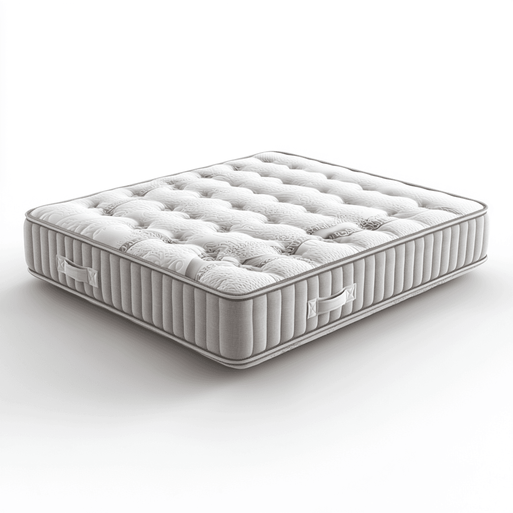 Ein Bett mit weißer Matratze und dunkelbraunem Kopfteil, auf dem ein weißes Kissen liegt.