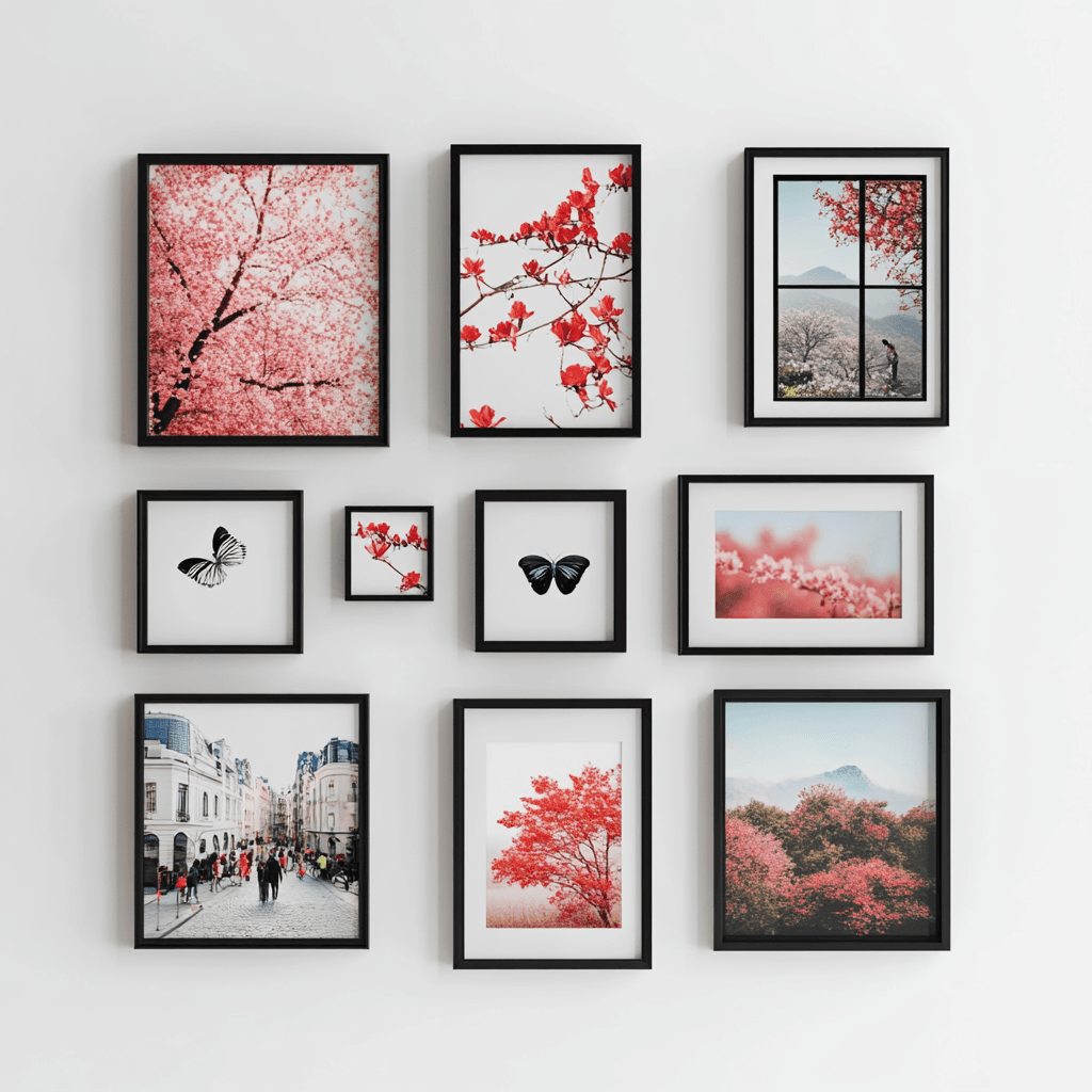 Eine Wand mit mehreren gerahmten Bildern, die hauptsächlich Blumen und Tiere darstellen. Die Bilder sind von verschiedenen Größen und auf einer weißen Wand angeordnet.
