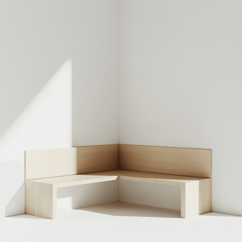 Ein minimalistisches Sitzmöbel aus L-förmigem Holz in einem weißen Raum.