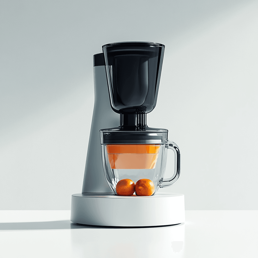 Ein elektrisches Zitronenpressgerät auf einem weißen Tisch mit zwei Orangen. Der Gerätekopf ist schwarz, der Rest grau.