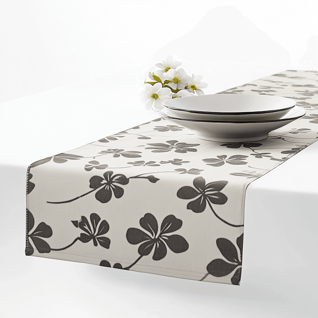 Tischläufer mit weißem und schwarz-braunem Blumenmuster, zwei leere Schalen und weiße Blüten auf einem Tisch.