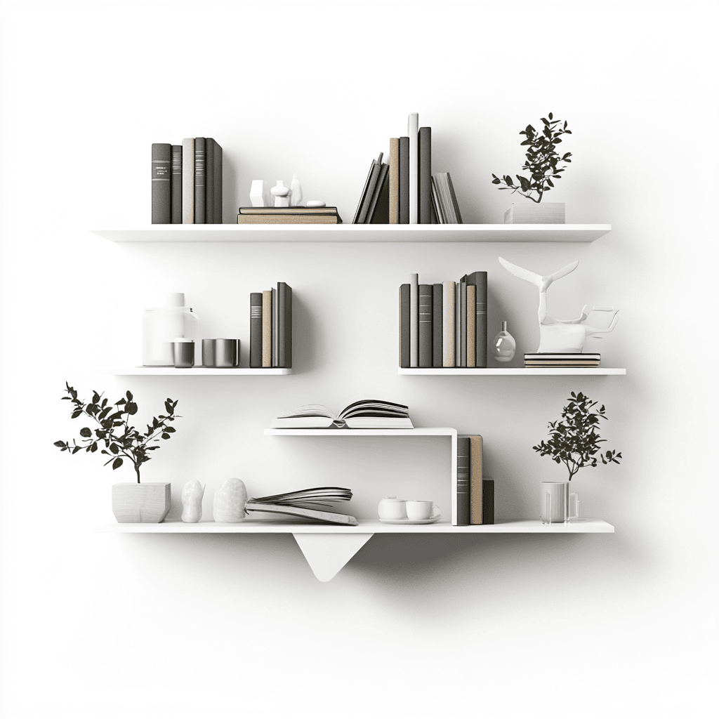 Drei weiße Regale mit Büchern und Gegenständen auf einer Wand.