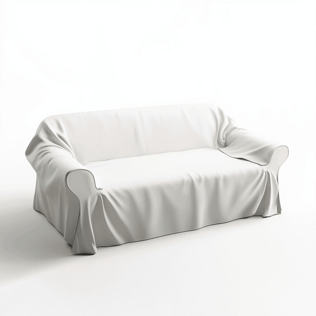 Weiße Couch mit weißem Bezug und weißer Decke auf weißer Oberfläche.