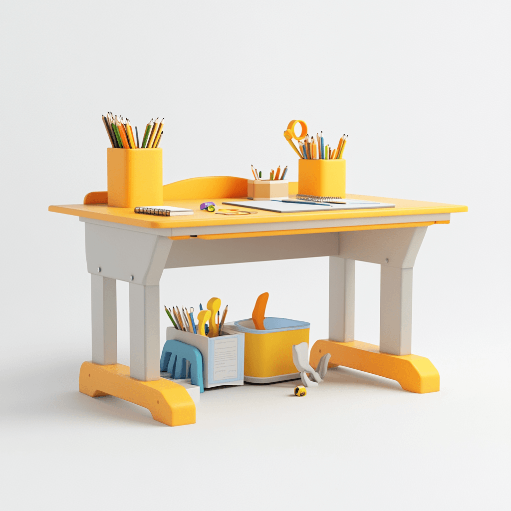 Kinder-Tisch mit bunten Farben und kreativen Werkzeugen auf einer orangen Oberfläche.