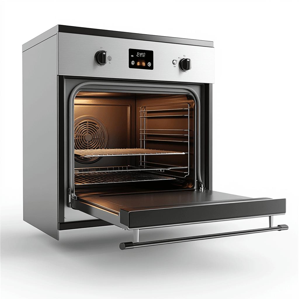 Der Backofen hat zwei Kochfächer, ein digitales Display und verschiedene Funktionen. Es gibt eine Zugabe- und Ausgabe-Einheit, einen integrierten Fettabsauger und einen digitalen Zeitwecker.
