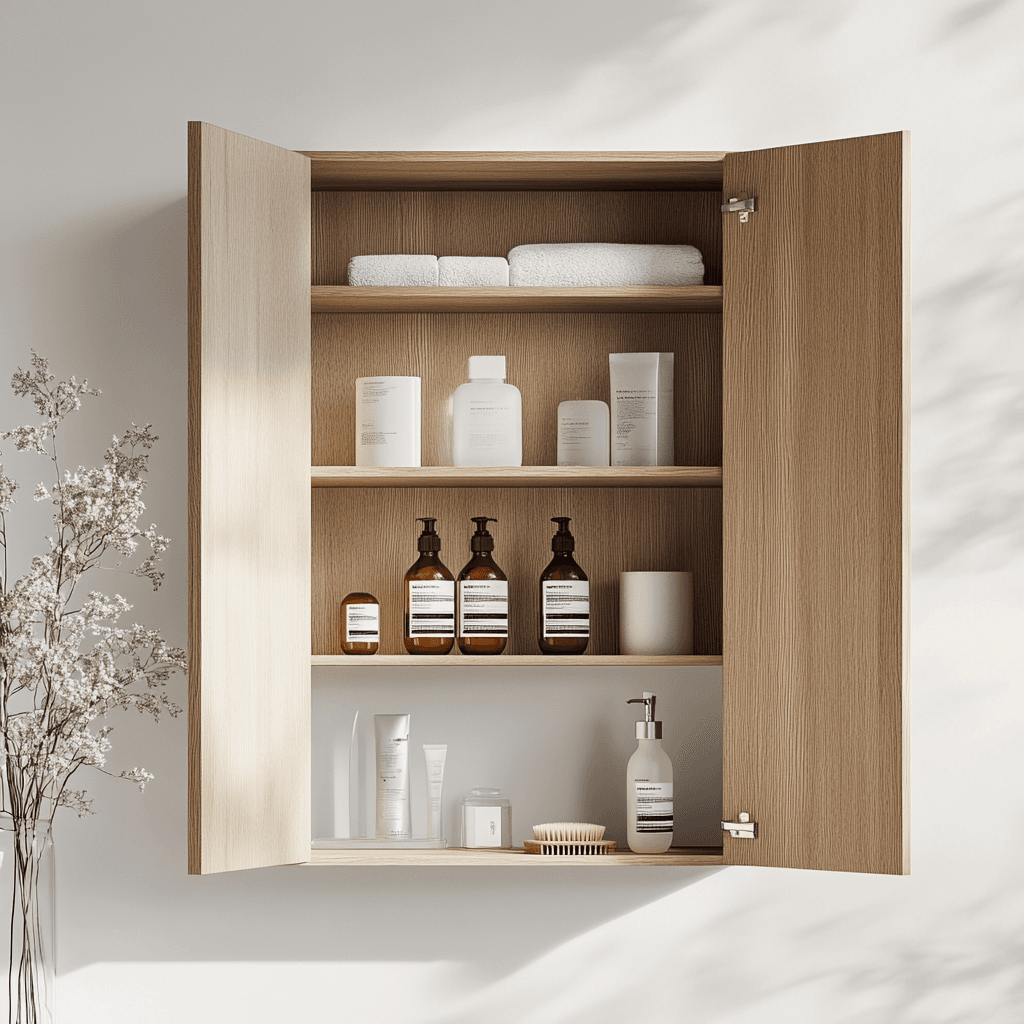 Ein offener Holzschrank mit verschiedenen Cremes und Duschprodukten auf drei Regalen.