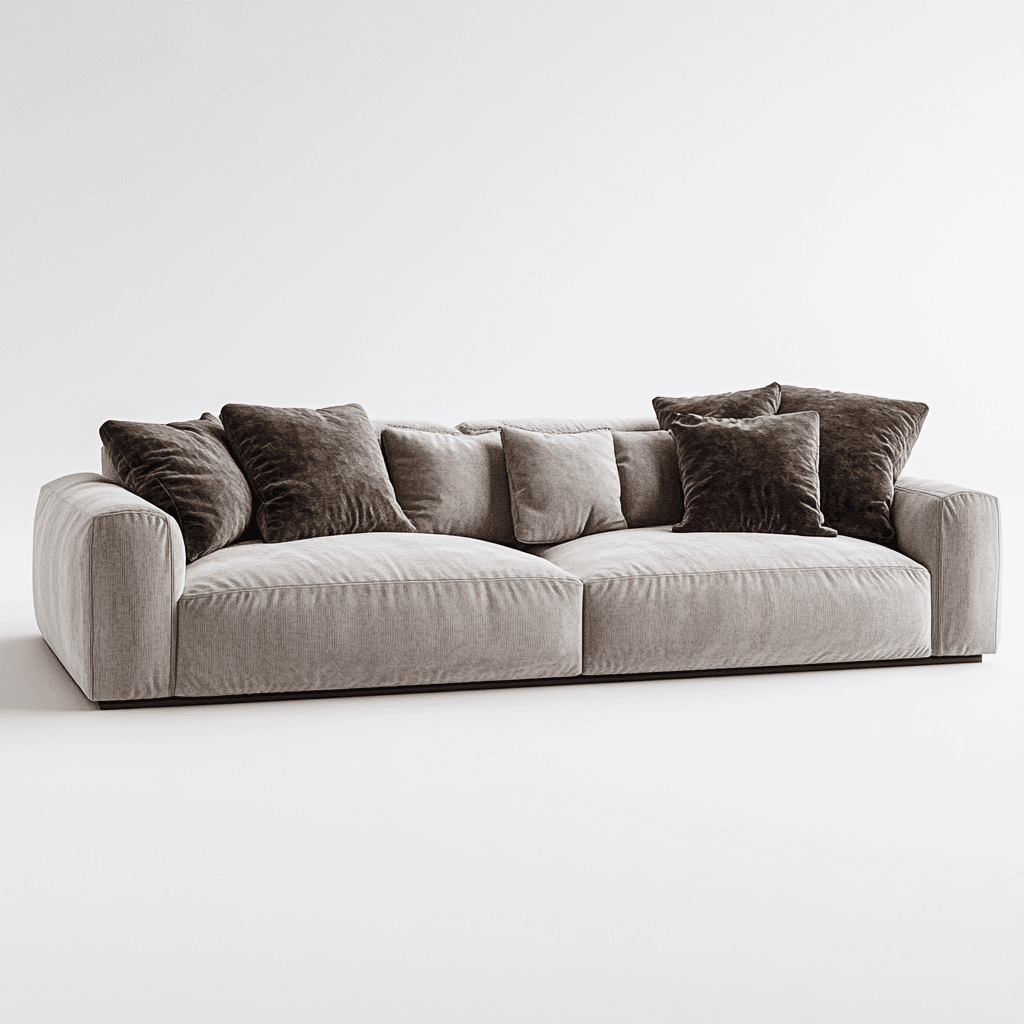 Graues, dreisitziges Sofa mit vielen Kissen vor weißem Hintergrund.