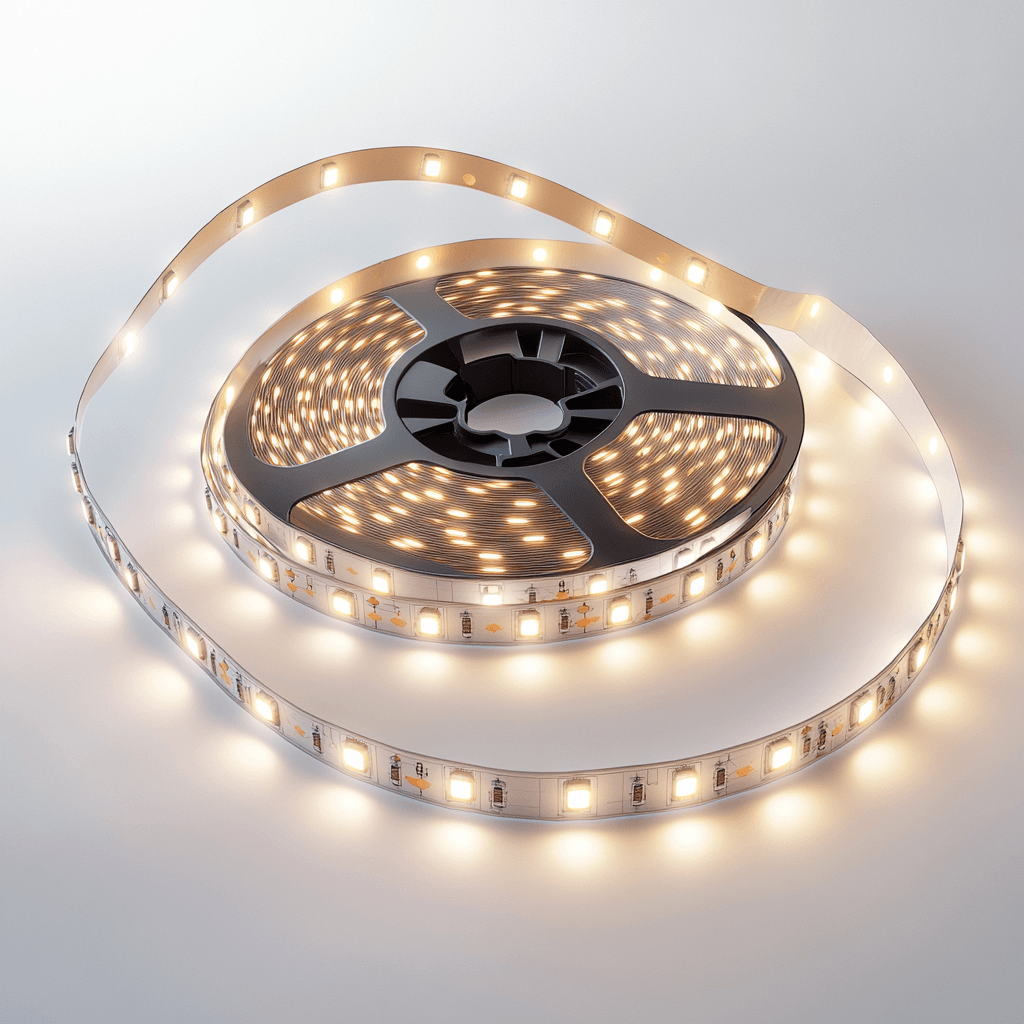 Eine LED-Lampe, die mit einer Klemme befestigt und auf einem Tisch steht, auf einem Teppichboden vor einem Fenster.