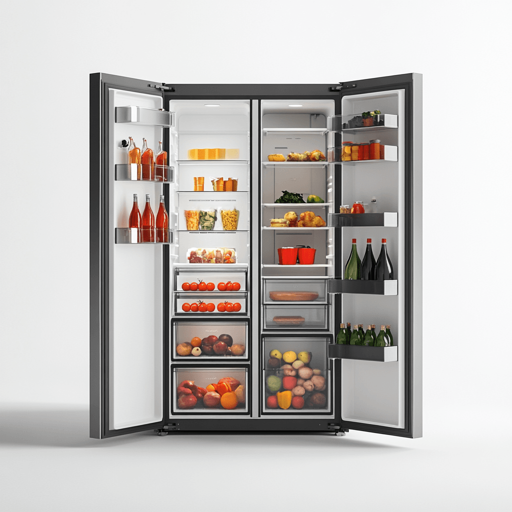Großes Kühlschrank-Geschirrspüler-System mit offenen Türen, vollgestellt mit Lebensmitteln und Getränken auf verschiedenen Ebenen.