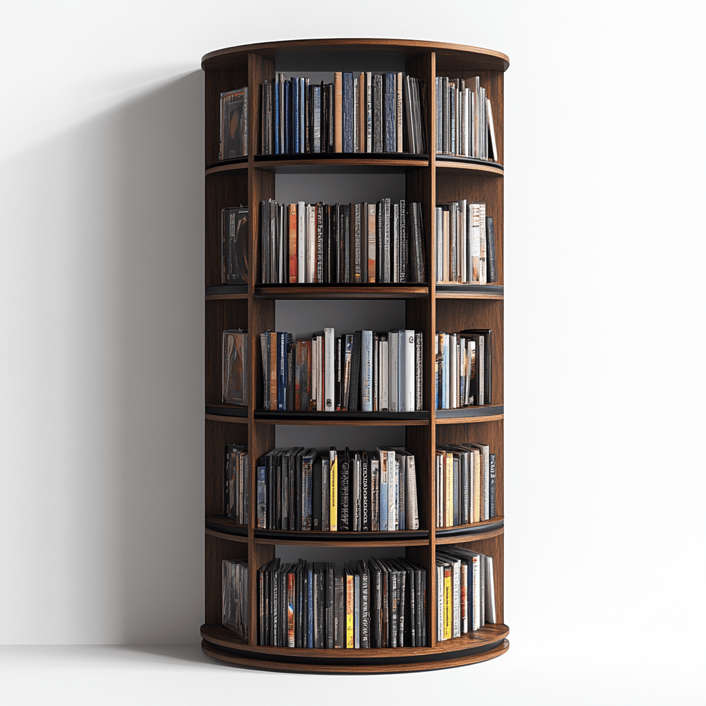 Ein schräg stehender Bücherschrank mit rundem Querschnitt ist vollgepackt mit Büchern auf den Regalen.