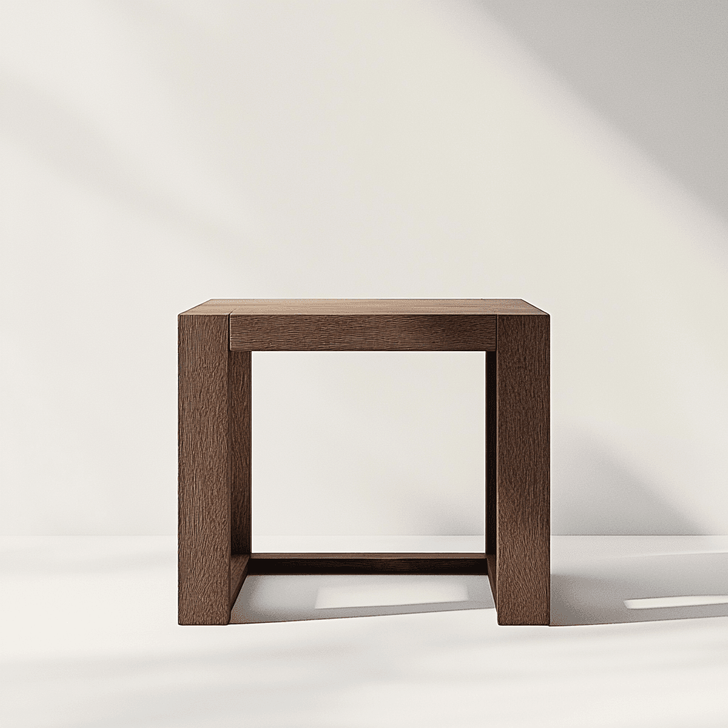 Ein kleines Tischchen aus dunkelbrauner, glatter Holzlamelle mit einer rechteckigen und flachen Oberfläche.