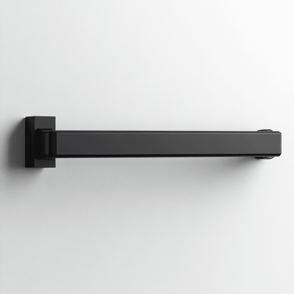 Schwarze Metall-Handgriffplatte mit Haken an weißer Wand montiert.