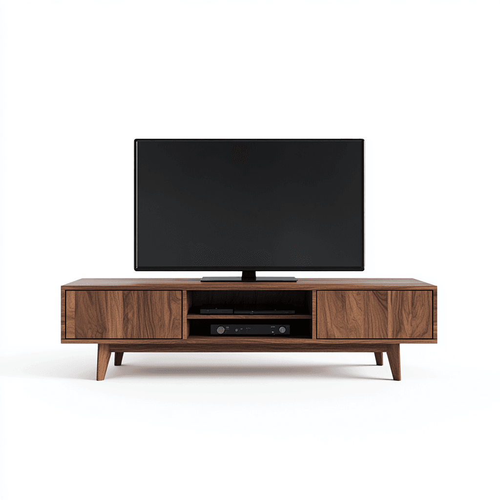 Dunkelbrauner Holzschrank mit zwei großen Schubladen und einem Fernseher.