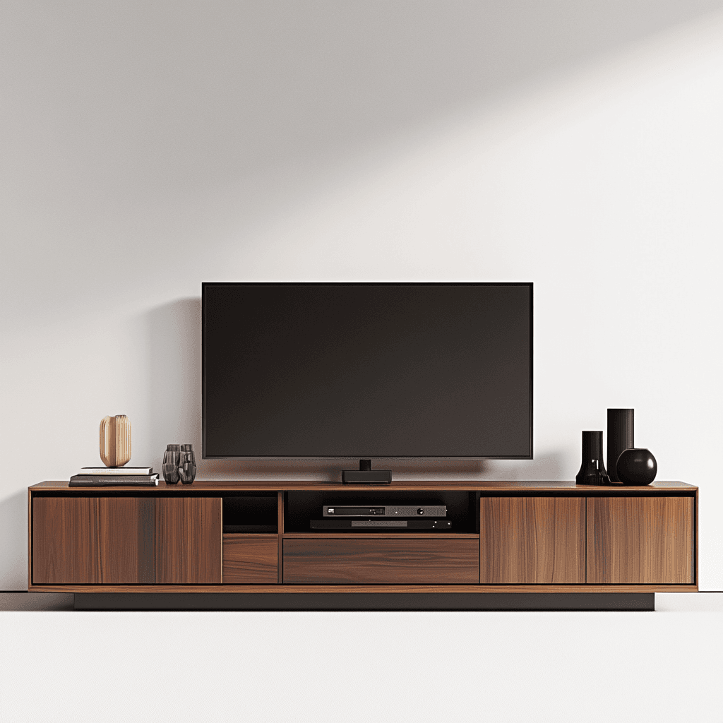 Moderner Wohnraum mit großem Fernseher auf dunkelbrauner TV-Unit vor weißer Wand.
