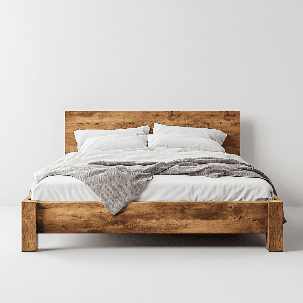 Ein Bett mit Holz-Kopfteil, weißen Kissen, weißer Decke und grauem Schal vor einer weißen Wand.