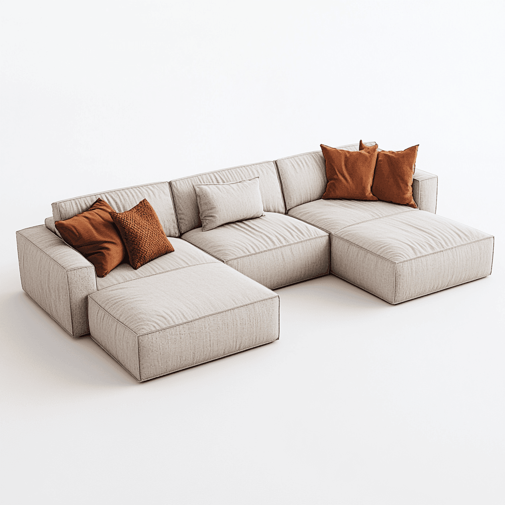 Weißes L-Sofa mit zwei Kissen, Tischplatte.