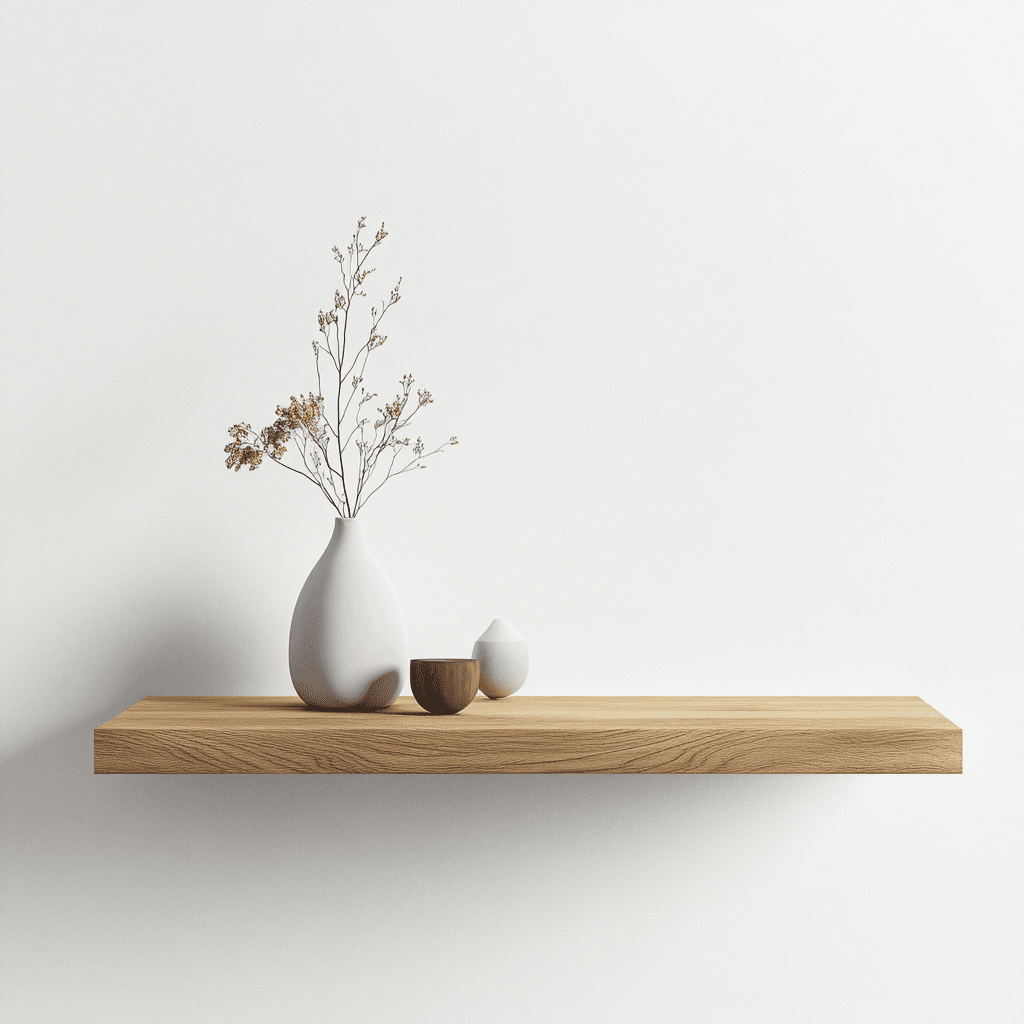 Einfache Dekoration auf einem kleinen Holzregal: weiße Vase, kleine Keramikobjekte.
