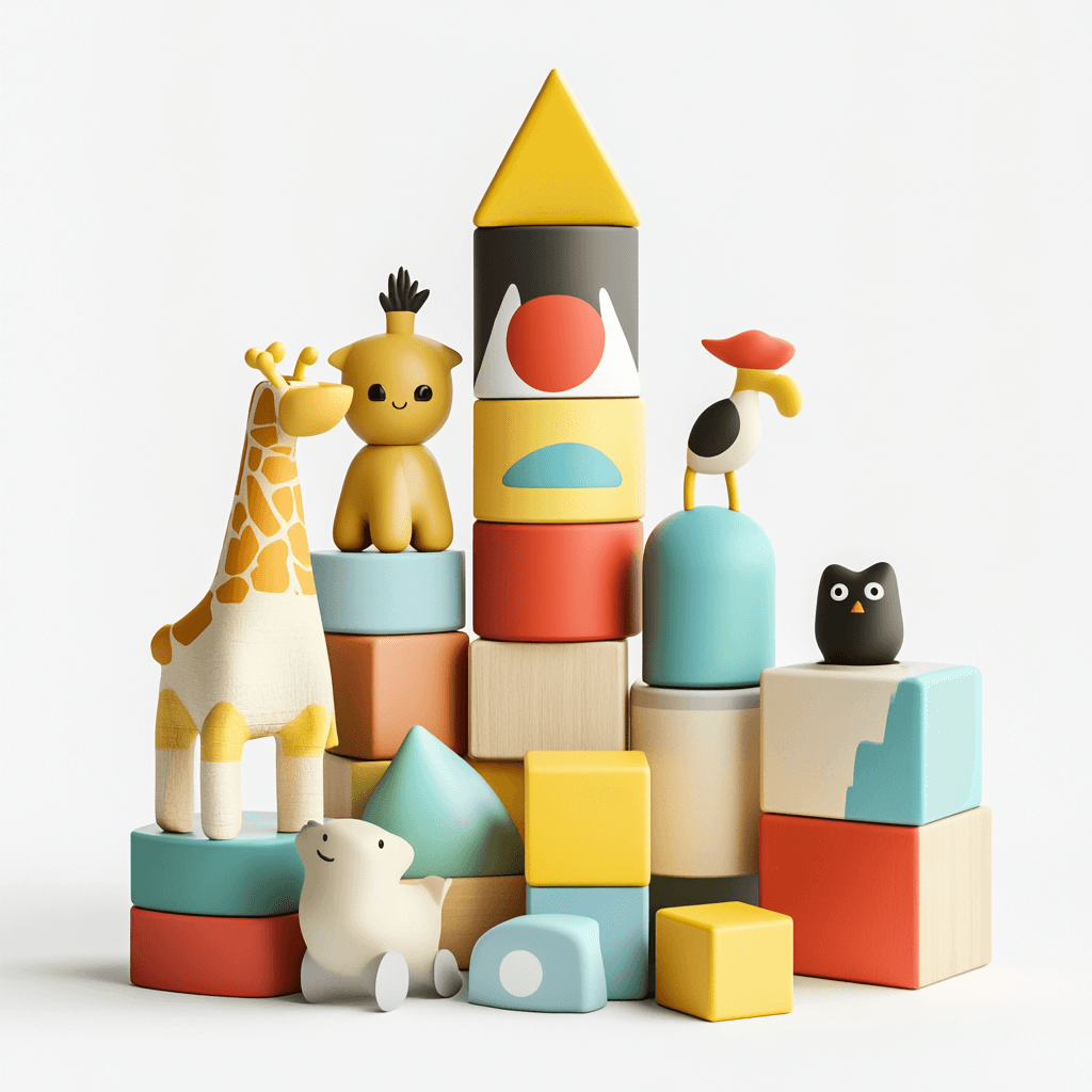 Sammlung aus bunten Holzspielzeugen mit Tieren und Gebäuden.