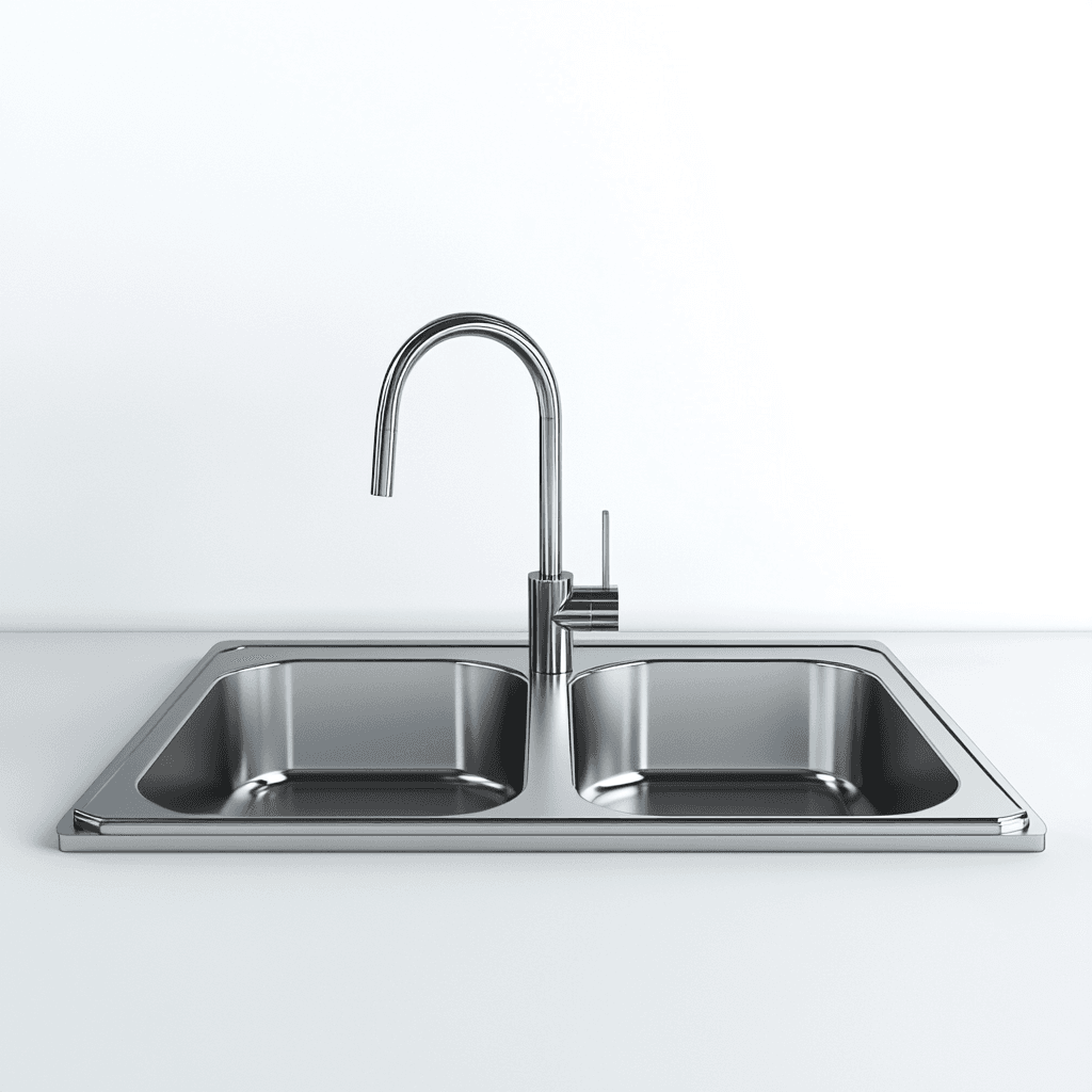 Spülbecken aus Edelstahl mit zwei Ablaufschlitzen und integriertem Wasserhahn.