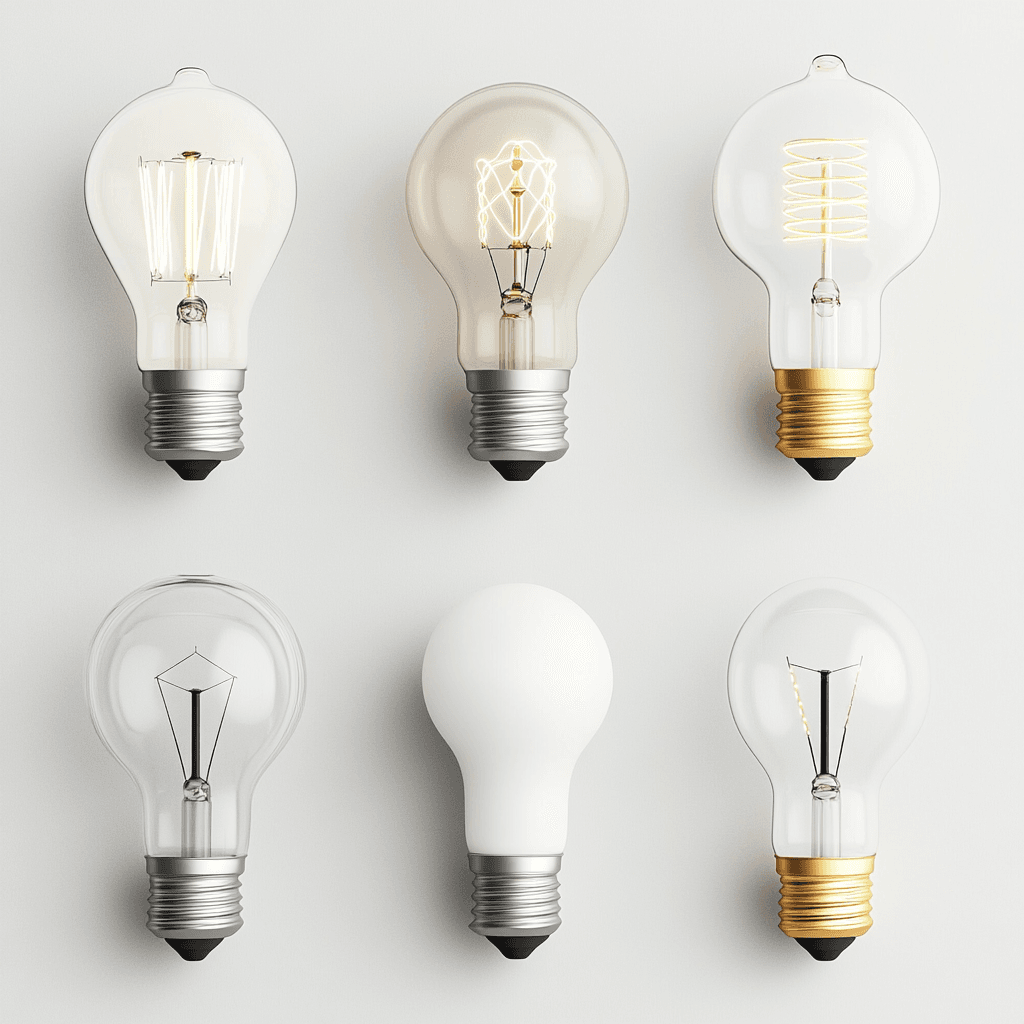 Diese Abbildung zeigt sechs verschiedene Arten von Glühlampen, darunter eine traditionelle Glühbirne und mehrere LED-Lampen mit unterschiedlichen Designs und Farben.
