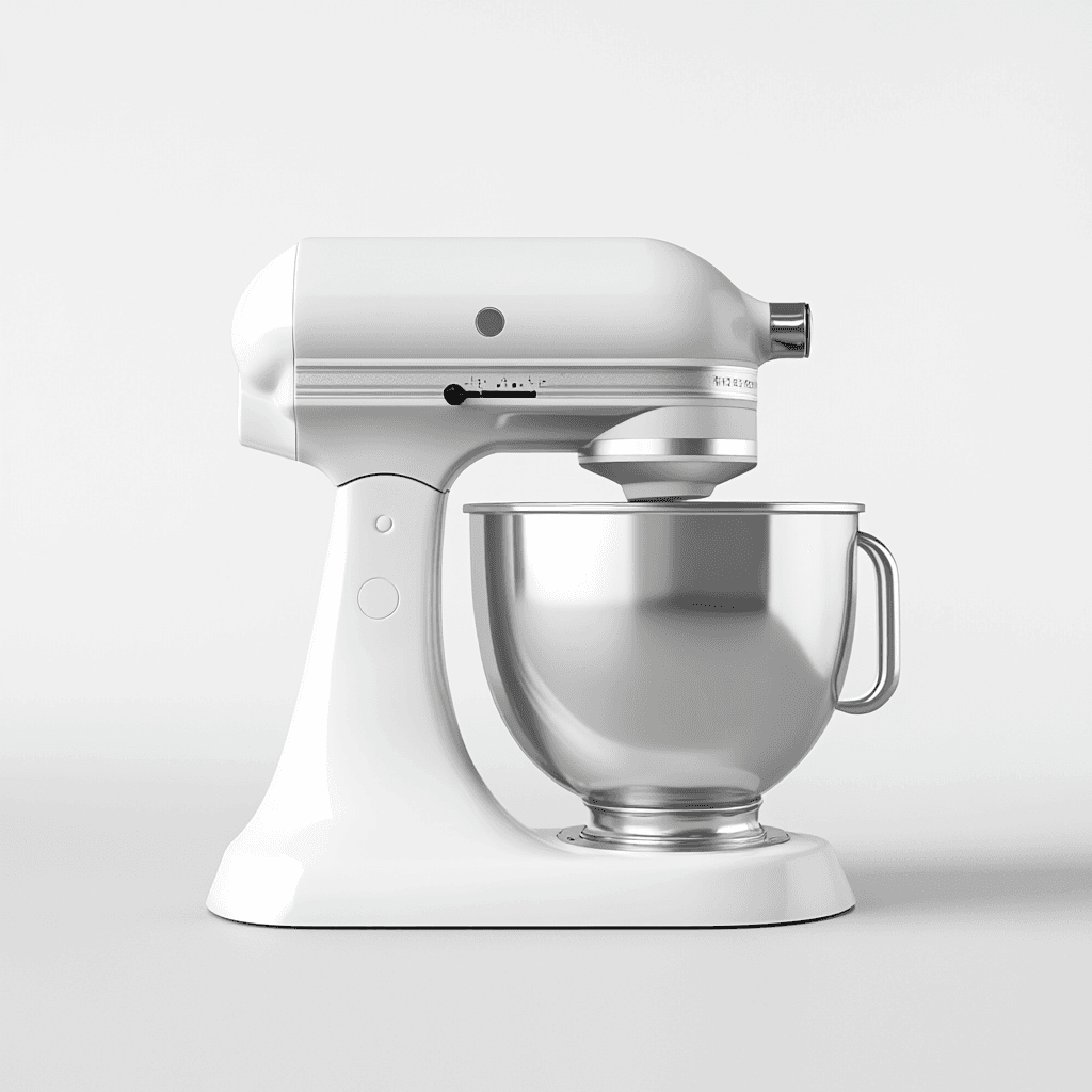 Standmixer mit großem Metallbecken, silberner Armatur, weißem Körper und schwarzer Mischfunktion auf weißem Hintergrund.