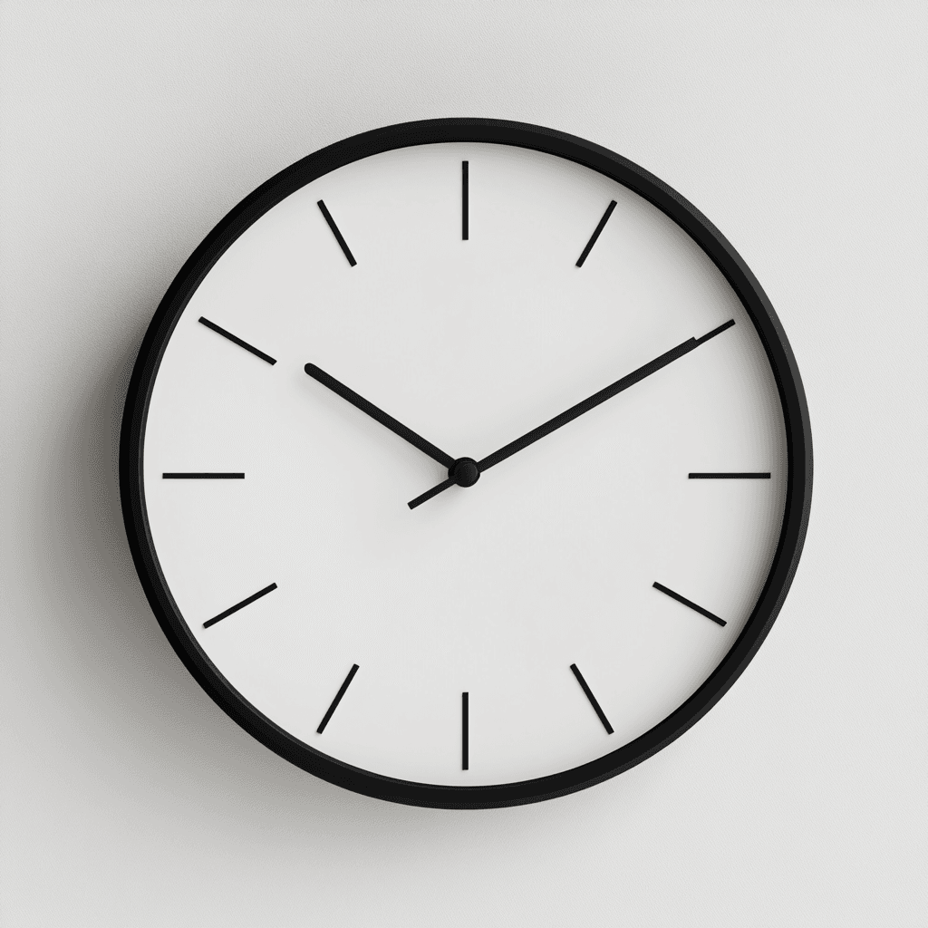 Eine schlichte, weiße Wanduhr mit schwarzem Rahmen und schwarzen Ziffern zeigt 10:10 an.