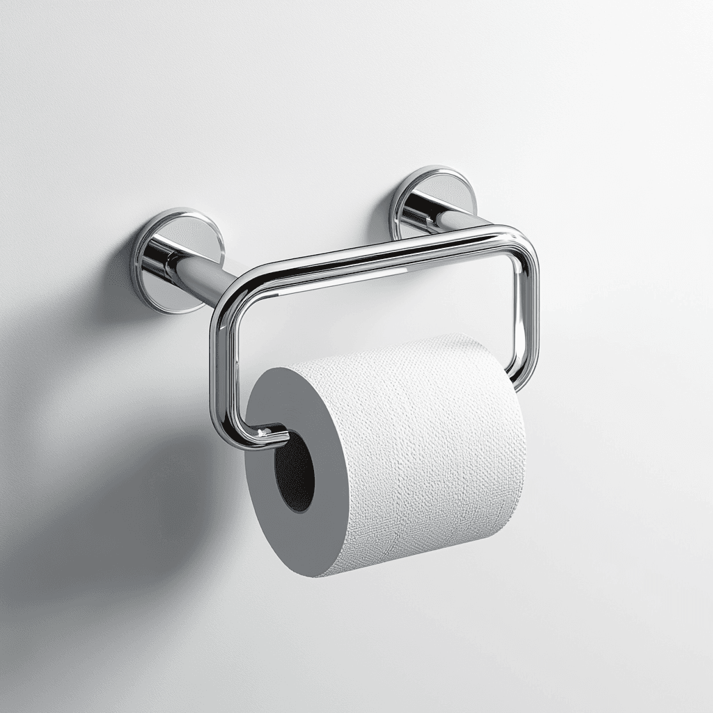 Toilettenpapierrollo an der Wand mit einer Rolle und halb vollem Papier.